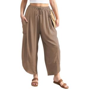 TARSE Women’s Linen Harem Pants Casual Loose Drawstring Elastic Waist Summer Beach Travel Vacation with Pockets(Mid Coffee)