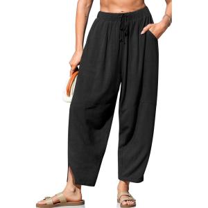 TARSE Women’s Linen Harem Pants Casual Loose Fit Wide Leg Cropped Lightweight Drawstring Elastic Waist Pants with Pockets(Black)