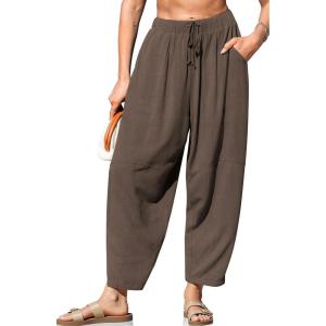TARSE Women’s Linen Harem Pants Casual Loose Fit Wide Leg Cropped Lightweight Drawstring Elastic Waist Pants with Pockets(Dark Coffee)