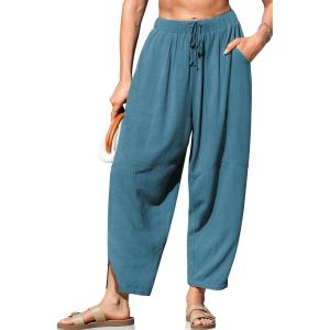 TARSE Women’s Linen Harem Pants Casual Loose Fit Wide Leg Cropped Lightweight Drawstring Elastic Waist Pants with Pockets(Lake Blue)