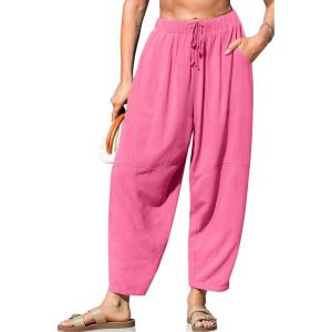TARSE Women’s Linen Harem Pants Casual Loose Fit Wide Leg Cropped Lightweight Drawstring Elastic Waist Pants with Pockets(Rose)