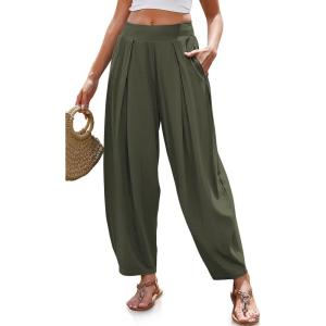 TARSE Women’s Linen Harem Pants Loose Fit Boho Pants with Wide Waistband Casual Lounge Trousers for Summer Beach Vacation(Army Green)