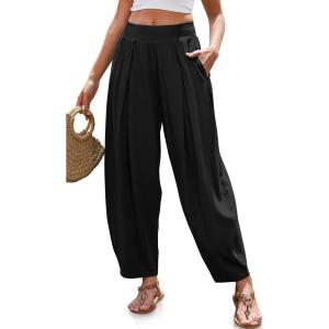 TARSE Women’s Linen Harem Pants Loose Fit Boho Pants with Wide Waistband Casual Lounge Trousers for Summer Beach Vacation(Black)