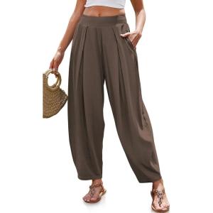 TARSE Women’s Linen Harem Pants Loose Fit Boho Pants with Wide Waistband Casual Lounge Trousers for Summer Beach Vacation(Dark Coffee)