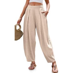 TARSE Women’s Linen Harem Pants Loose Fit Boho Pants with Wide Waistband Casual Lounge Trousers for Summer Beach Vacation(Heatherlightkhaki)