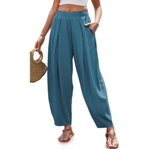 TARSE Women’s Linen Harem Pants Loose Fit Boho Pants with Wide Waistband Casual Lounge Trousers for Summer Beach Vacation(Lake Blue)