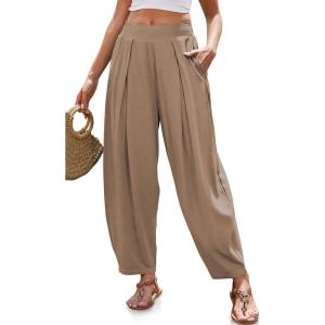 TARSE Women’s Linen Harem Pants Loose Fit Boho Pants with Wide Waistband Casual Lounge Trousers for Summer Beach Vacation(Mid Coffee)
