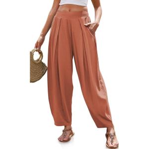 TARSE Women’s Linen Harem Pants Loose Fit Boho Pants with Wide Waistband Casual Lounge Trousers for Summer Beach Vacation(Rust)