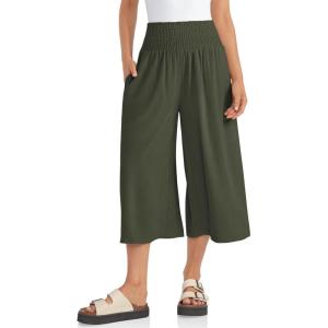 TARSE Womens Linen Palazzo Capri Pants Boho Summer Smocked High Waist Wide Leg Casual Loose Trousers with Pockets Flowy Pants(Army Green)