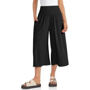 TARSE Womens Linen Palazzo Capri Pants Boho Summer Smocked High Waist Wide Leg Casual Loose Trousers with Pockets Flowy Pants(Black)