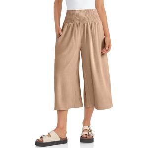 TARSE Womens Linen Palazzo Capri Pants Boho Summer Smocked High Waist Wide Leg Casual Loose Trousers with Pockets Flowy Pants(Light Coffee)