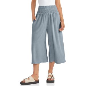 TARSE Womens Linen Palazzo Capri Pants Boho Summer Smocked High Waist Wide Leg Casual Loose Trousers with Pockets Flowy Pants(Light Gray Blue)