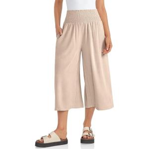 TARSE Womens Linen Palazzo Capri Pants Boho Summer Smocked High Waist Wide Leg Casual Loose Trousers with Pockets Flowy Pants(Light Khaki)