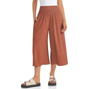 TARSE Womens Linen Palazzo Capri Pants Boho Summer Smocked High Waist Wide Leg Casual Loose Trousers with Pockets Flowy Pants(Light Red Brown)