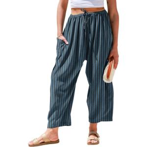 TARSE Womens Linen Wide Leg Pants Casual Loose Drawstring Summer 2025 Beach Travel Vacation Palazzo Harem Pants with Pockets(Black Blue Striped)