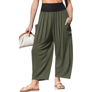 TARSE Womens Linen Wide Leg Pants Casual Loose Elastic Waist Beach Travel Vacation Palazzo Harem Pants with Pockets(Army Green)