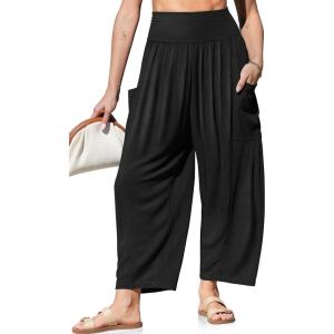 TARSE Womens Linen Wide Leg Pants Casual Loose Elastic Waist Beach Travel Vacation Palazzo Harem Pants with Pockets(Black)