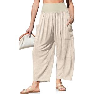 TARSE Womens Linen Wide Leg Pants Casual Loose Elastic Waist Beach Travel Vacation Palazzo Harem Pants with Pockets(Heather Light Khaki)