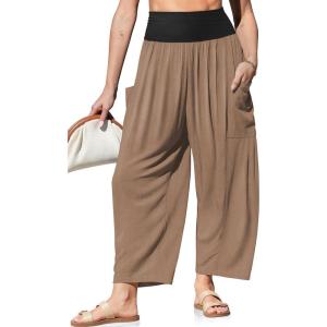 TARSE Womens Linen Wide Leg Pants Casual Loose Elastic Waist Beach Travel Vacation Palazzo Harem Pants with Pockets(Mid Coffee)