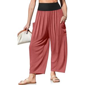 TARSE Womens Linen Wide Leg Pants Casual Loose Elastic Waist Beach Travel Vacation Palazzo Harem Pants with Pockets(Rust Red)
