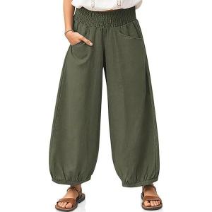 TARSE Womens Linen Wide Leg Pants Casual Loose Elastic Waisted Barrel Beach Palazzo Pants with Pockets(Army Green)