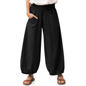TARSE Womens Linen Wide Leg Pants Casual Loose Elastic Waisted Barrel Beach Palazzo Pants with Pockets(Black)