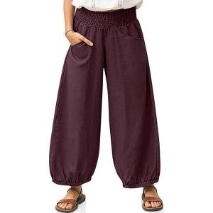 TARSE Womens Linen Wide Leg Pants Casual Loose Elastic Waisted Barrel Beach Palazzo Pants with Pockets(Burgundy)