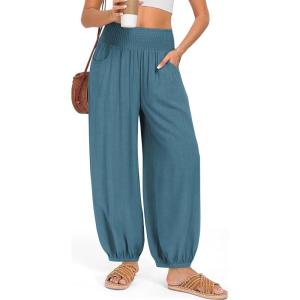 TARSE Womens Linen Wide Leg Pants Casual Loose Elastic Waisted Barrel Beach Palazzo Pants with Pockets(Lake Blue)