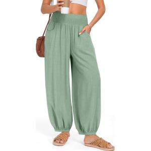 TARSE Womens Linen Wide Leg Pants Casual Loose Elastic Waisted Barrel Beach Palazzo Pants with Pockets(Light Army Green)
