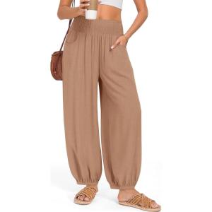 TARSE Womens Linen Wide Leg Pants Casual Loose Elastic Waisted Barrel Beach Palazzo Pants with Pockets(Light Brown)