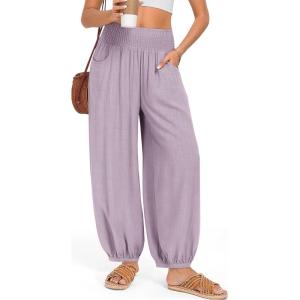 TARSE Womens Linen Wide Leg Pants Casual Loose Elastic Waisted Barrel Beach Palazzo Pants with Pockets(Light Purple)