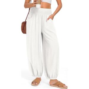 TARSE Womens Linen Wide Leg Pants Casual Loose Elastic Waisted Barrel Beach Palazzo Pants with Pockets(White)