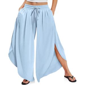 TARSE Womens Linen Wide Leg Split Skirt Pants Boho Loose Palazzo with Elastic Waist Drawstring 2025 Beach Vacation Pants(Aqua Blue)