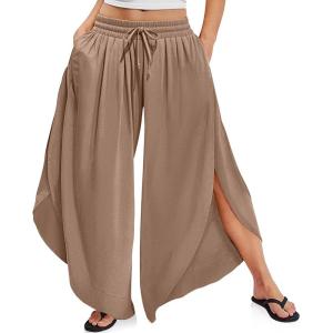TARSE Womens Linen Wide Leg Split Skirt Pants Boho Loose Palazzo with Elastic Waist Drawstring 2025 Beach Vacation Pants(Coffee)