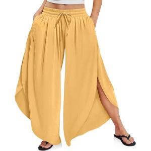TARSE Womens Linen Wide Leg Split Skirt Pants Boho Loose Palazzo with Elastic Waist Drawstring 2025 Beach Vacation Pants(Creamy Yellow)