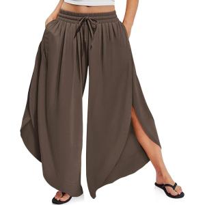 TARSE Womens Linen Wide Leg Split Skirt Pants Boho Loose Palazzo with Elastic Waist Drawstring 2025 Beach Vacation Pants(Dark Coffee)