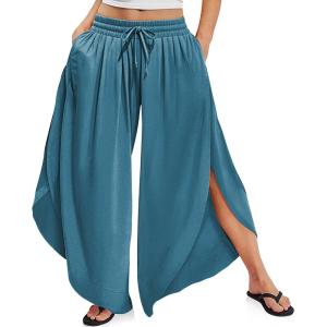 TARSE Womens Linen Wide Leg Split Skirt Pants Boho Loose Palazzo with Elastic Waist Drawstring 2025 Beach Vacation Pants(Lake Blue)