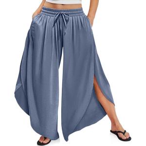 TARSE Womens Linen Wide Leg Split Skirt Pants Boho Loose Palazzo with Elastic Waist Drawstring 2025 Beach Vacation Pants(Purple Blue)