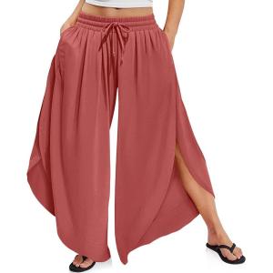 TARSE Womens Linen Wide Leg Split Skirt Pants Boho Loose Palazzo with Elastic Waist Drawstring 2025 Beach Vacation Pants(Rust Red)