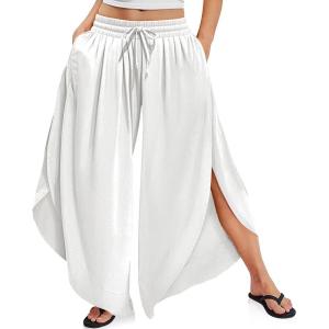 TARSE Womens Linen Wide Leg Split Skirt Pants Boho Loose Palazzo with Elastic Waist Drawstring 2025 Beach Vacation Pants(White)