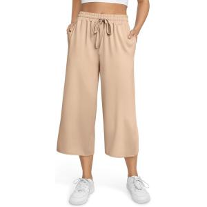 TARSE Women’s Summer High Waisted Yoga Capri Pants Plus Size Casual Sport Activewear Capris Sweatpants Loose Fit(Light Khaki)