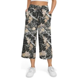 TARSE Women’s Summer High Waisted Yoga Capri Pants Plus Size Casual Sport Activewear Capris Sweatpants Loose Fit(Maple Leaf Black)