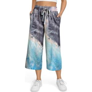 TARSE Women’s Summer High Waisted Yoga Capri Pants Plus Size Casual Sport Activewear Capris Sweatpants Loose Fit(T-blackblue)
