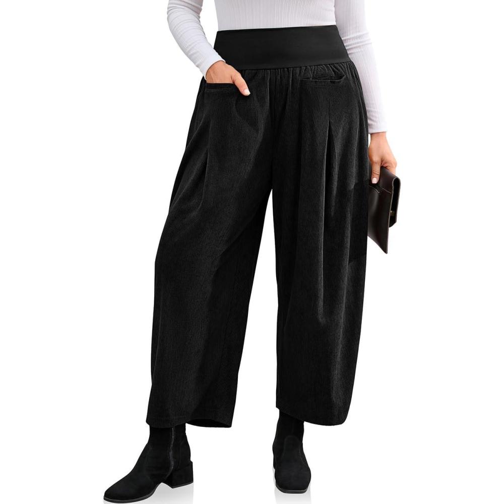 imageTARSE Womens Corduroy Harem Pants Casual Elastic Waist Wide Leg Pants Boho Loose Fit Baggy Trousers with PocketsBlack