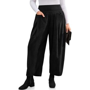 TARSE Womens Corduroy Harem Pants Casual Elastic Waist Wide Leg Pants Boho Loose Fit Baggy Trousers with Pockets(Black)
