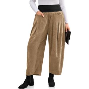TARSE Womens Corduroy Harem Pants Casual Elastic Waist Wide Leg Pants Boho Loose Fit Baggy Trousers with Pockets(Camel)