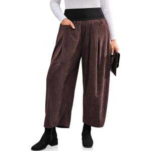 TARSE Womens Corduroy Harem Pants Casual Elastic Waist Wide Leg Pants Boho Loose Fit Baggy Trousers with Pockets(Dark Coffee)
