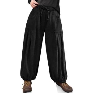 TARSE Womens Corduroy Harem Pants Casual Loose Fit Baggy Elastic Waist Lantern Casual Pants with Pockets(Black)