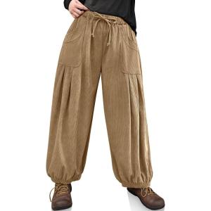 TARSE Womens Corduroy Harem Pants Casual Loose Fit Baggy Elastic Waist Lantern Casual Pants with Pockets(Camel)