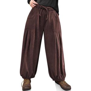 TARSE Womens Corduroy Harem Pants Casual Loose Fit Baggy Elastic Waist Lantern Casual Pants with Pockets(Dark Coffee)